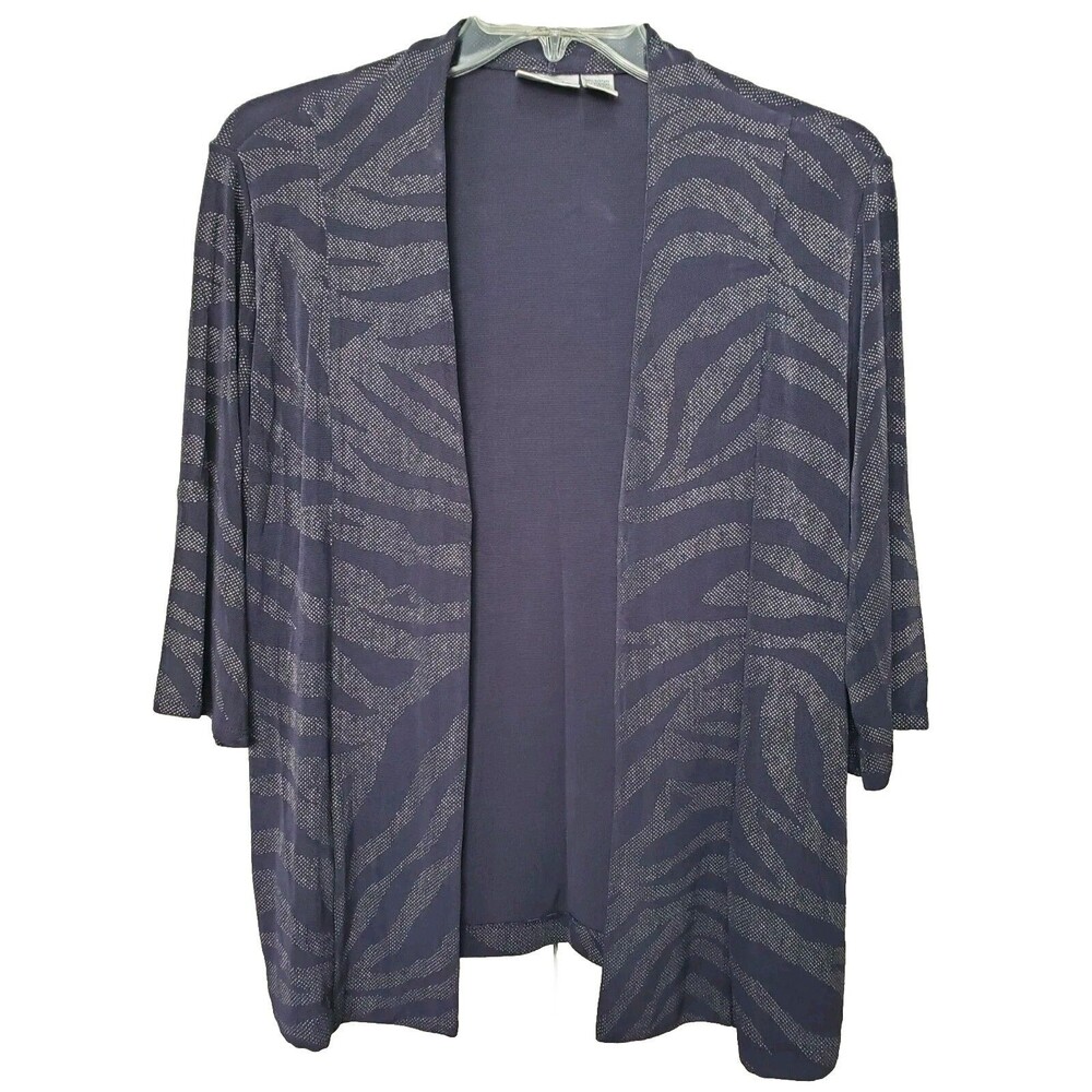 Chico's Travelers Blue Zebra Foil Mea Open Front Jacket Inner Pockets 2 Large